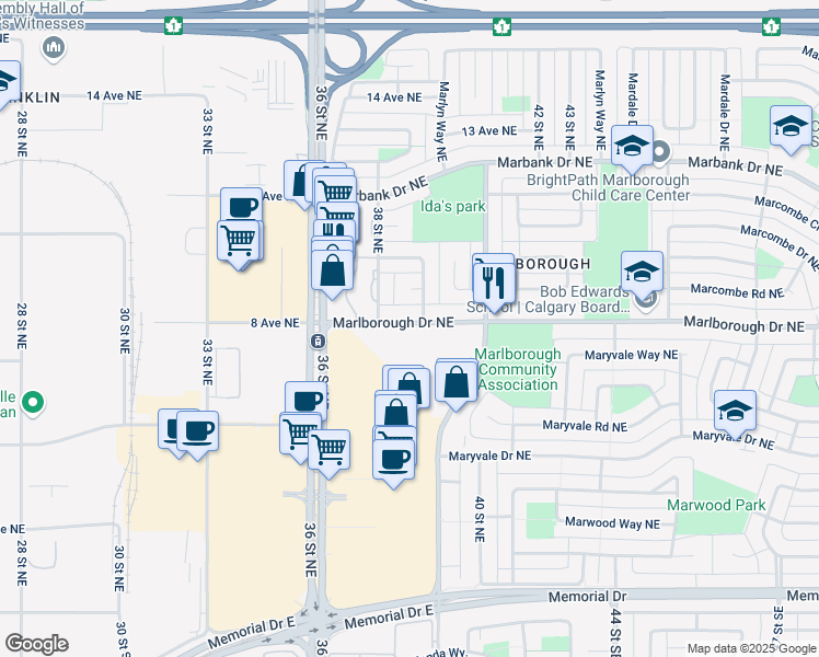 map of restaurants, bars, coffee shops, grocery stores, and more near 908 Marpole Road Northeast in Calgary