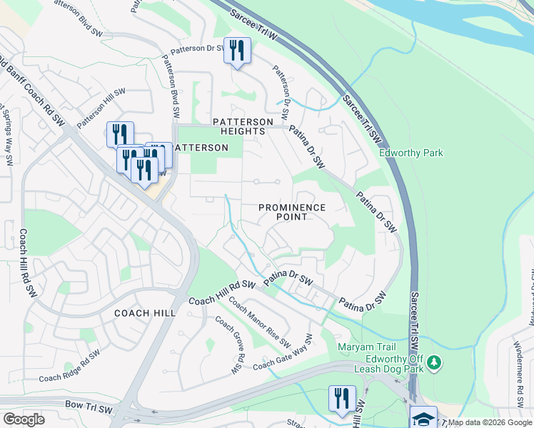 map of restaurants, bars, coffee shops, grocery stores, and more near 35 Prominence View Southwest in Calgary