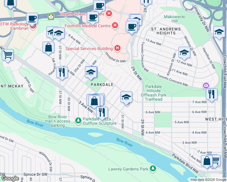 map of restaurants, bars, coffee shops, grocery stores, and more near 740 33A Street Northwest in Calgary