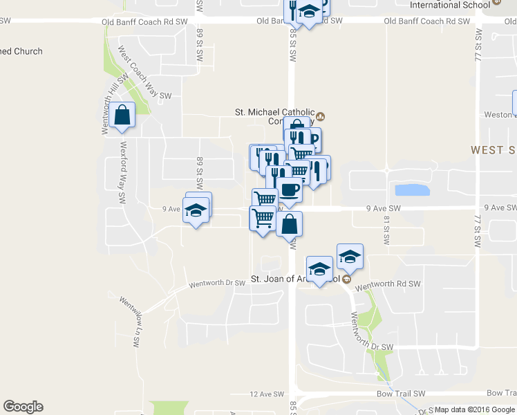 map of restaurants, bars, coffee shops, grocery stores, and more near 8720 9 Avenue Southwest in Calgary