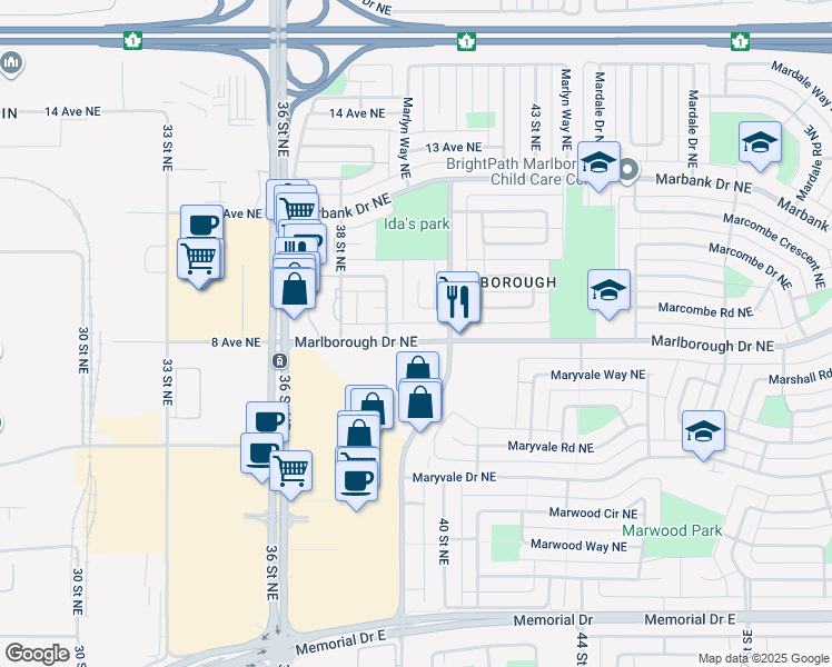 map of restaurants, bars, coffee shops, grocery stores, and more near 3916 Marlborough Drive Northeast in Calgary