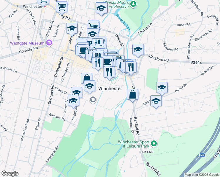 map of restaurants, bars, coffee shops, grocery stores, and more near in Winchester