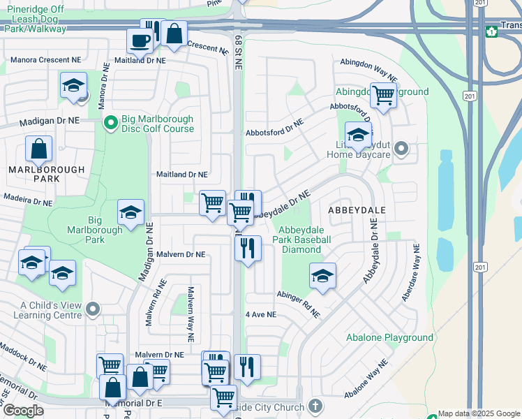 map of restaurants, bars, coffee shops, grocery stores, and more near 820 Abbeydale Drive Northeast in Calgary