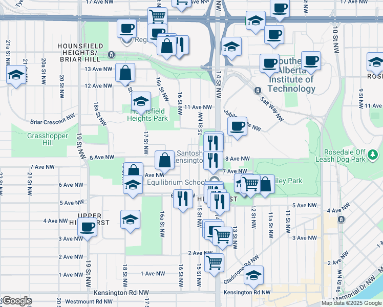 map of restaurants, bars, coffee shops, grocery stores, and more near in Calgary