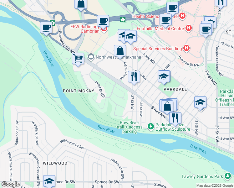 map of restaurants, bars, coffee shops, grocery stores, and more near 283 Point McKay Terrace Northwest in Calgary