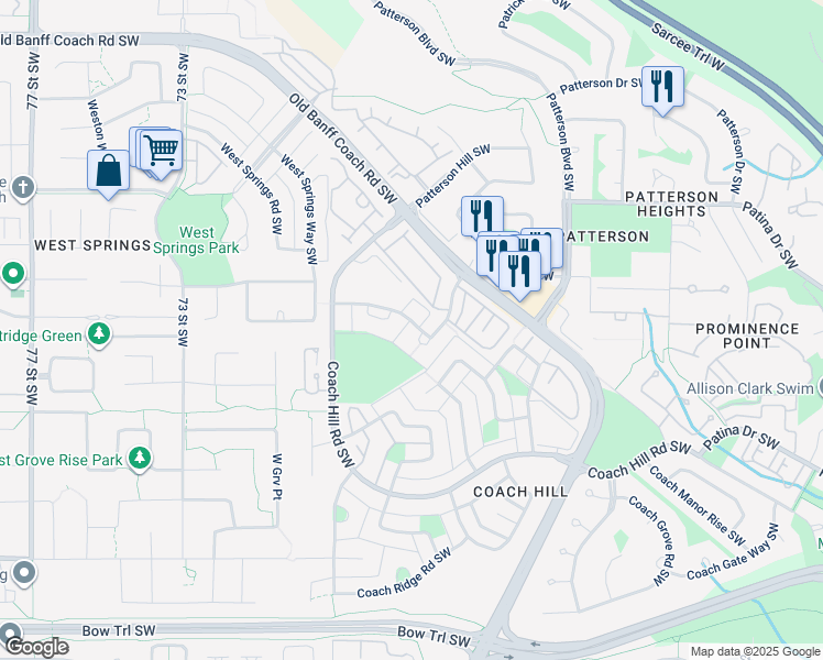 map of restaurants, bars, coffee shops, grocery stores, and more near 107 Coachway Road Southwest in Calgary
