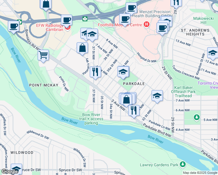map of restaurants, bars, coffee shops, grocery stores, and more near 513 35 Street Northwest in Calgary