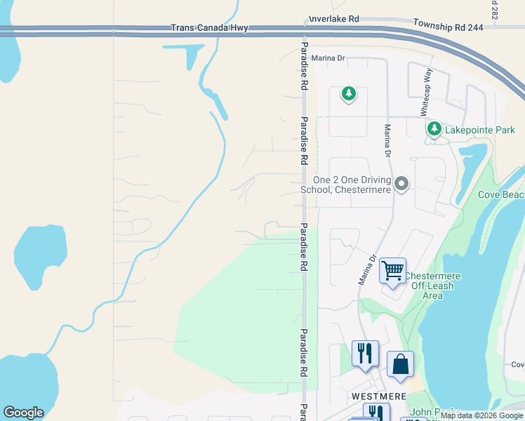 map of restaurants, bars, coffee shops, grocery stores, and more near 243131 Paradise Road in Chestermere