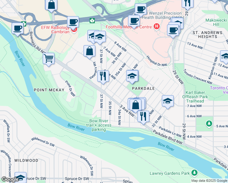 map of restaurants, bars, coffee shops, grocery stores, and more near 513 35 Street Northwest in Calgary