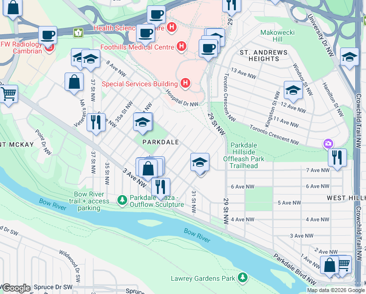 map of restaurants, bars, coffee shops, grocery stores, and more near 740 33A Street Northwest in Calgary