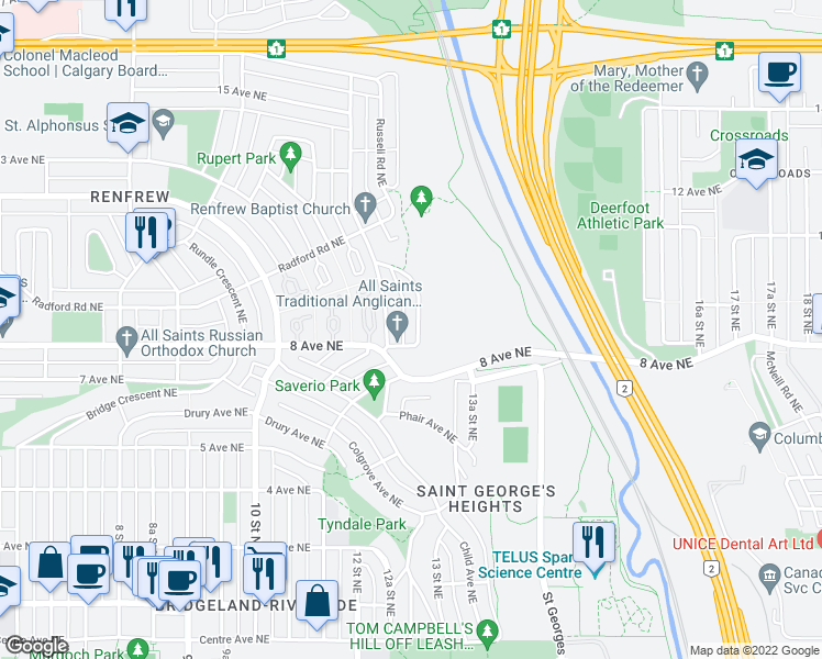 map of restaurants, bars, coffee shops, grocery stores, and more near 907 Robert Road Northeast in Calgary
