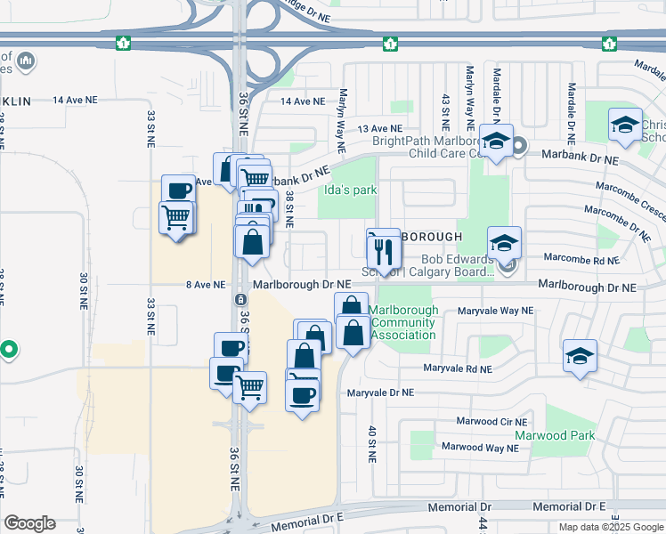map of restaurants, bars, coffee shops, grocery stores, and more near 908 Marpole Road Northeast in Calgary