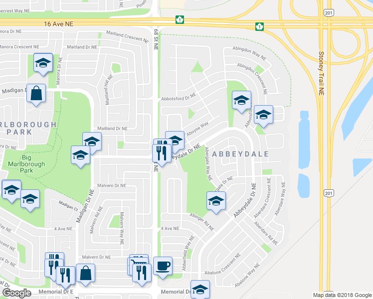 map of restaurants, bars, coffee shops, grocery stores, and more near 842 Abbeydale Drive Northeast in Calgary
