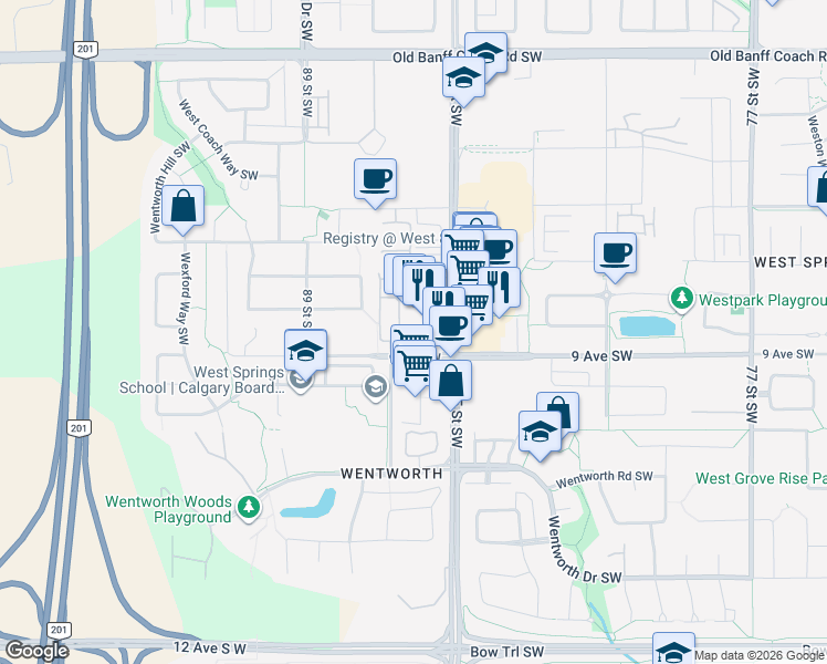 map of restaurants, bars, coffee shops, grocery stores, and more near 873 85 Street Southwest in Calgary
