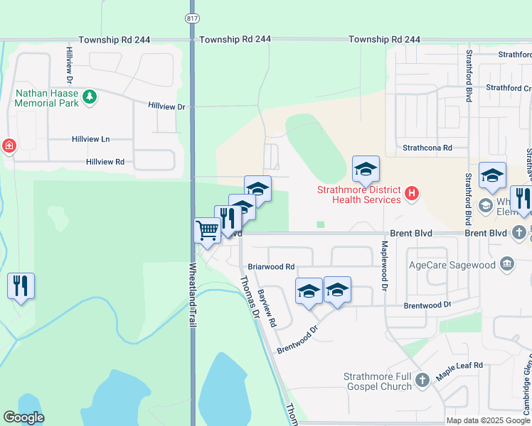 map of restaurants, bars, coffee shops, grocery stores, and more near 100 Brent Boulevard in Strathmore