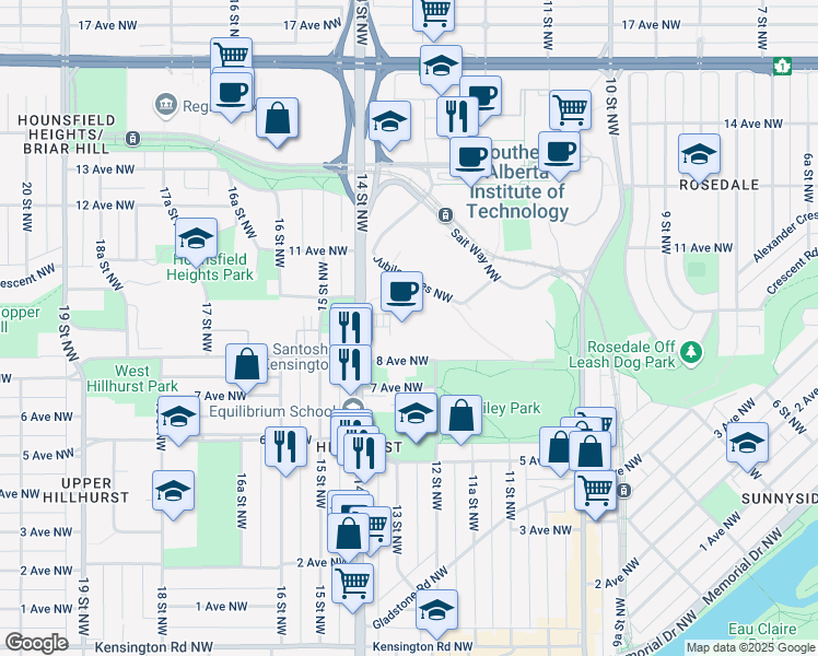 map of restaurants, bars, coffee shops, grocery stores, and more near in Calgary