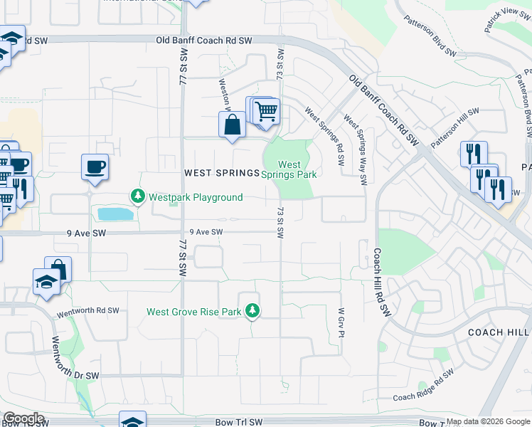 map of restaurants, bars, coffee shops, grocery stores, and more near in Calgary