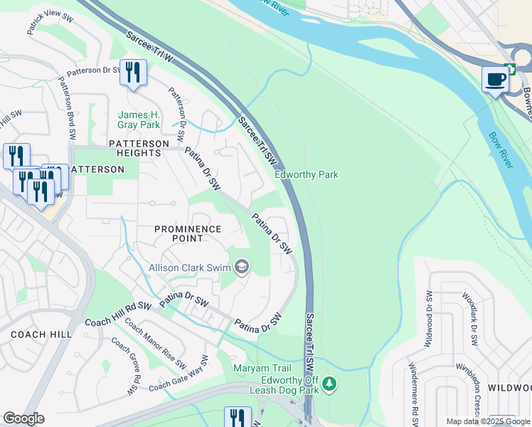 map of restaurants, bars, coffee shops, grocery stores, and more near 5790 Patina Drive Southwest in Calgary