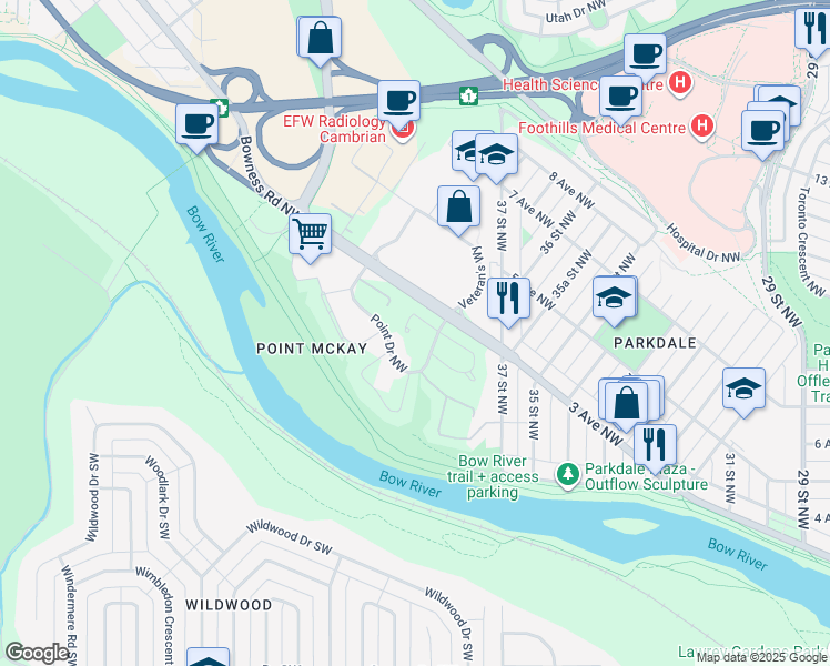map of restaurants, bars, coffee shops, grocery stores, and more near 10 Point Drive Northwest in Calgary