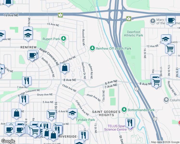 map of restaurants, bars, coffee shops, grocery stores, and more near 907 Robert Road Northeast in Calgary