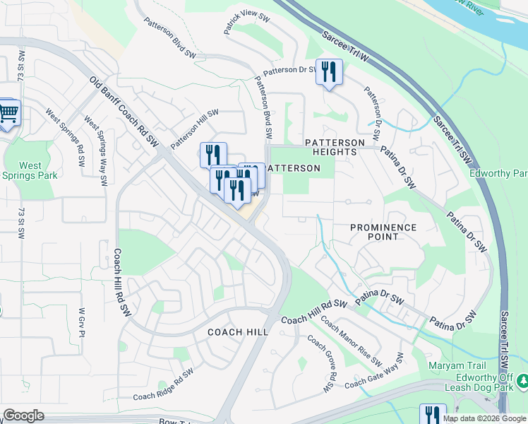 map of restaurants, bars, coffee shops, grocery stores, and more near 20 Patterson Boulevard Southwest in Calgary