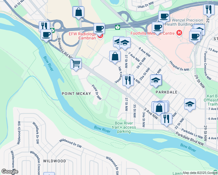 map of restaurants, bars, coffee shops, grocery stores, and more near 10 Point Drive Northwest in Calgary