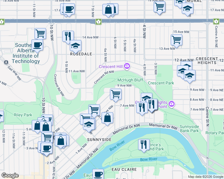 map of restaurants, bars, coffee shops, grocery stores, and more near 617 3 Avenue Northwest in Calgary