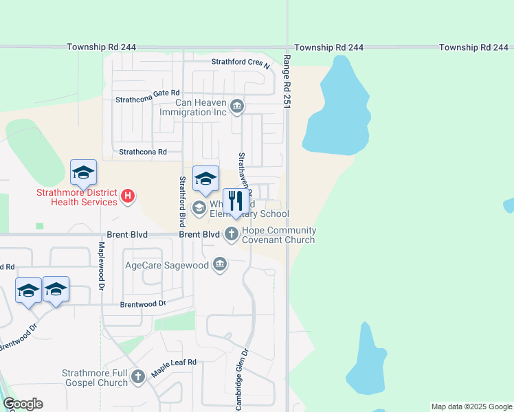 map of restaurants, bars, coffee shops, grocery stores, and more near 125 Strathaven Drive in Strathmore