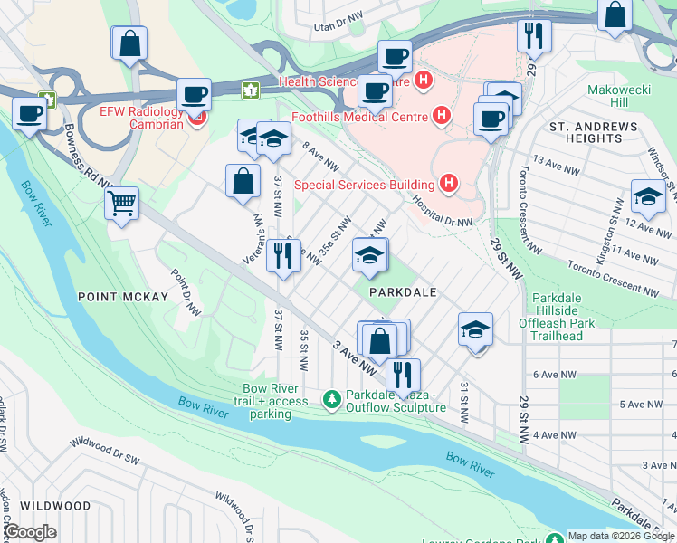 map of restaurants, bars, coffee shops, grocery stores, and more near in Calgary