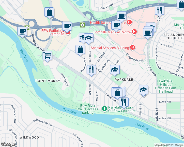map of restaurants, bars, coffee shops, grocery stores, and more near 524 37 Street Northwest in Calgary