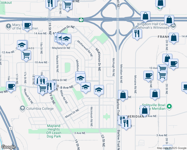map of restaurants, bars, coffee shops, grocery stores, and more near in Calgary