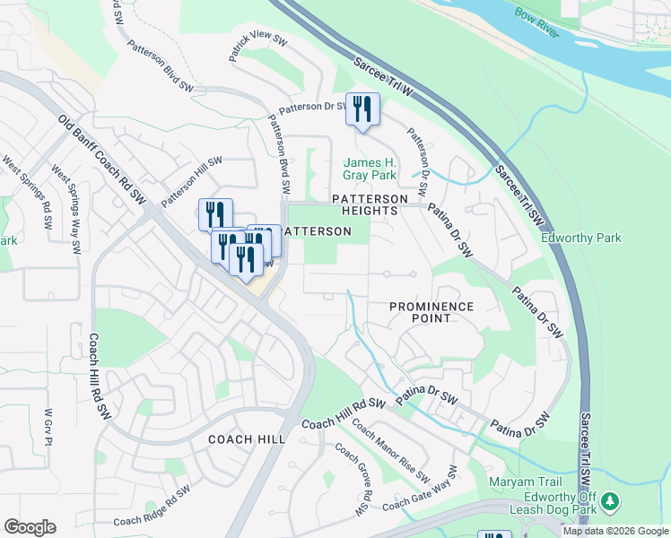 map of restaurants, bars, coffee shops, grocery stores, and more near 1009 Prominence Way Southwest in Calgary