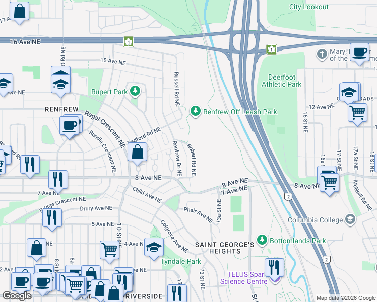 map of restaurants, bars, coffee shops, grocery stores, and more near 1020 Robert Road Northeast in Calgary
