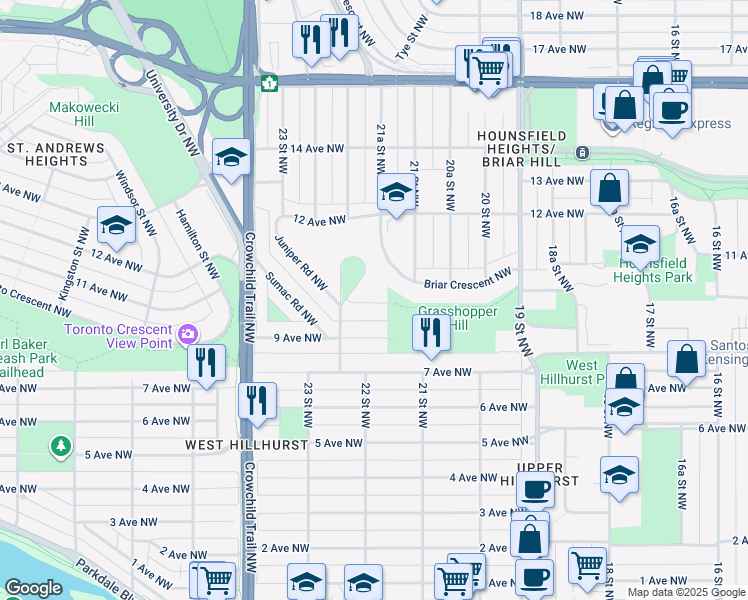map of restaurants, bars, coffee shops, grocery stores, and more near 2112 10 Avenue Northwest in Calgary