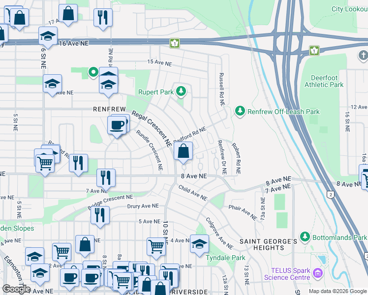 map of restaurants, bars, coffee shops, grocery stores, and more near 474 Radford Road Northeast in Calgary