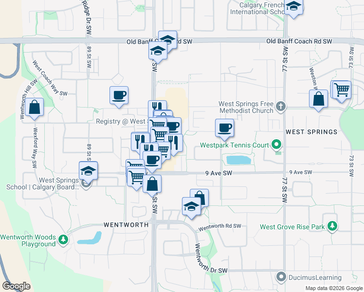 map of restaurants, bars, coffee shops, grocery stores, and more near 8531 8A Avenue Southwest in Calgary
