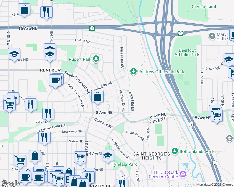 map of restaurants, bars, coffee shops, grocery stores, and more near in Calgary