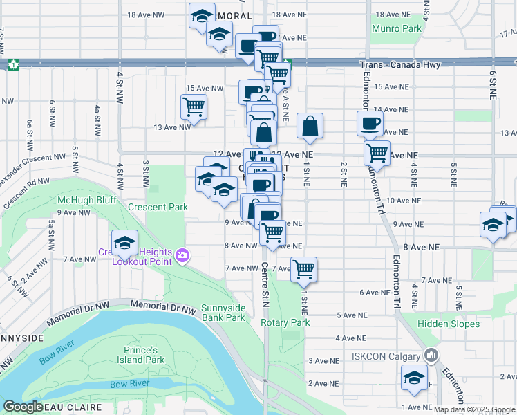 map of restaurants, bars, coffee shops, grocery stores, and more near in Calgary