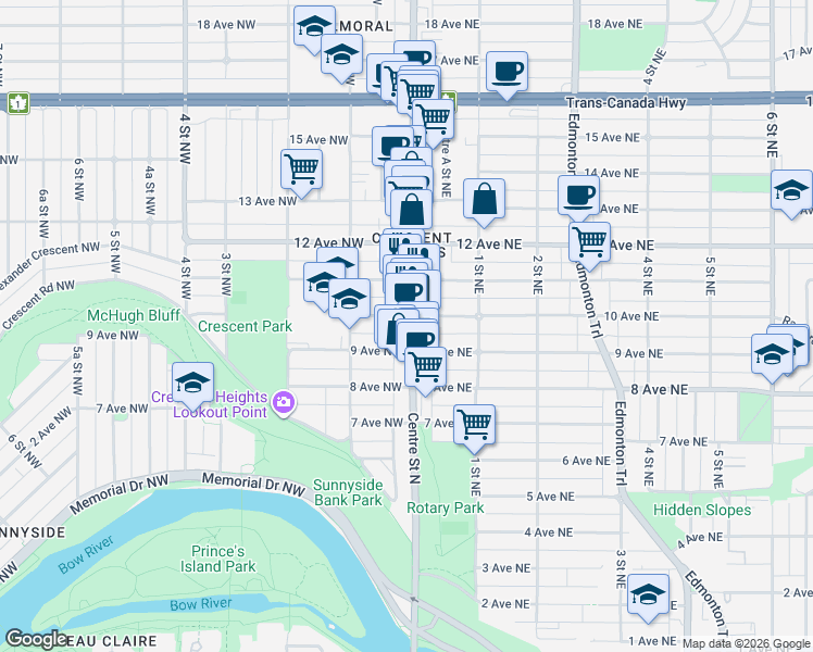 map of restaurants, bars, coffee shops, grocery stores, and more near in Calgary