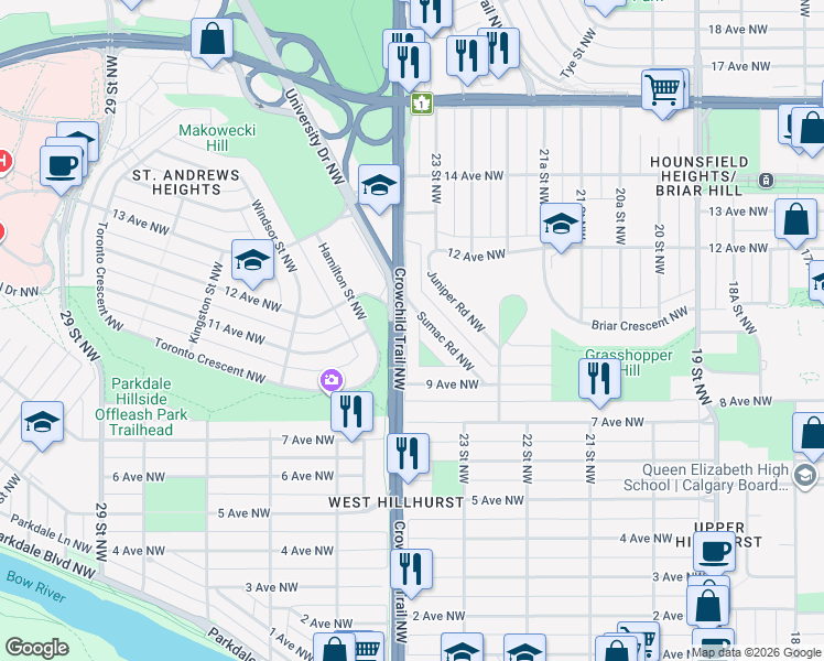 map of restaurants, bars, coffee shops, grocery stores, and more near 1112 24 Street Northwest in Calgary
