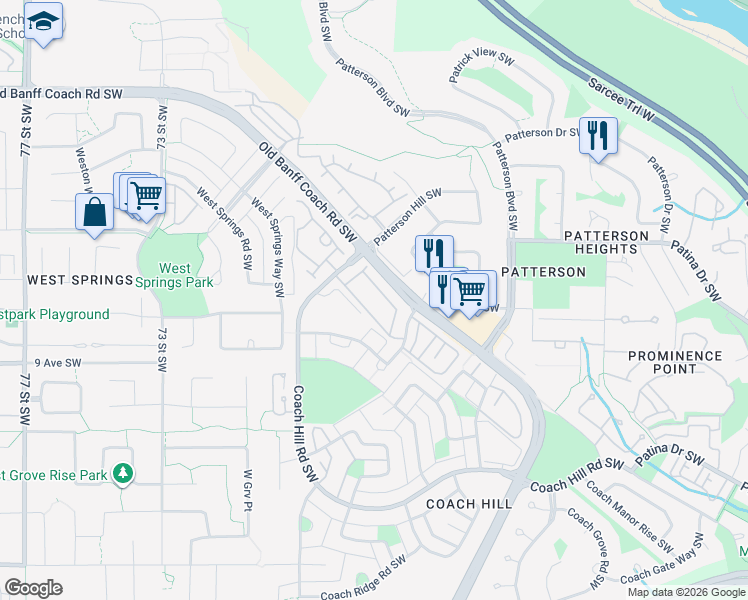 map of restaurants, bars, coffee shops, grocery stores, and more near 7172 Coach Hill Road Southwest in Calgary
