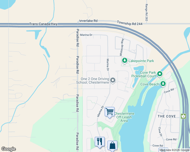 map of restaurants, bars, coffee shops, grocery stores, and more near 117 Aspenmere Bay in Chestermere
