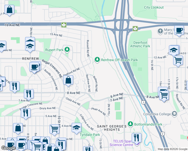 map of restaurants, bars, coffee shops, grocery stores, and more near 1020 Robert Road Northeast in Calgary
