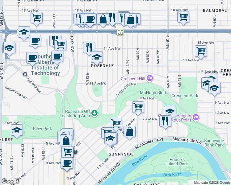 map of restaurants, bars, coffee shops, grocery stores, and more near 757 Alexander Crescent Northwest in Calgary