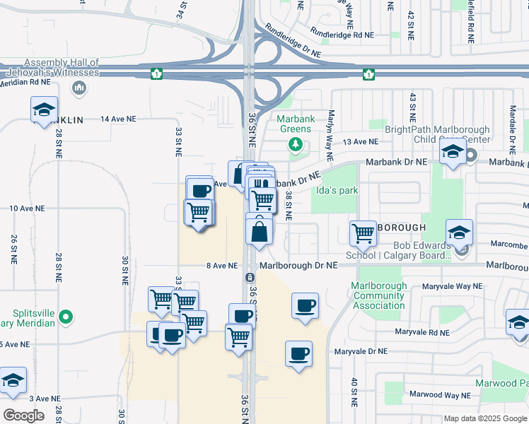 map of restaurants, bars, coffee shops, grocery stores, and more near 920 36 Street Northeast in Calgary