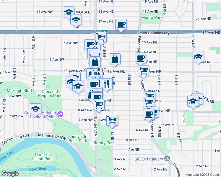 map of restaurants, bars, coffee shops, grocery stores, and more near 1105 1 Street Northeast in Calgary