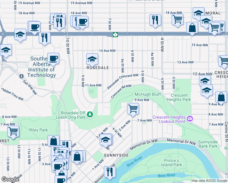 map of restaurants, bars, coffee shops, grocery stores, and more near 732 Crescent Road Northwest in Calgary