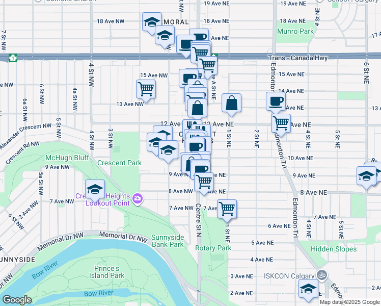 map of restaurants, bars, coffee shops, grocery stores, and more near 110 10 Avenue Northwest in Calgary
