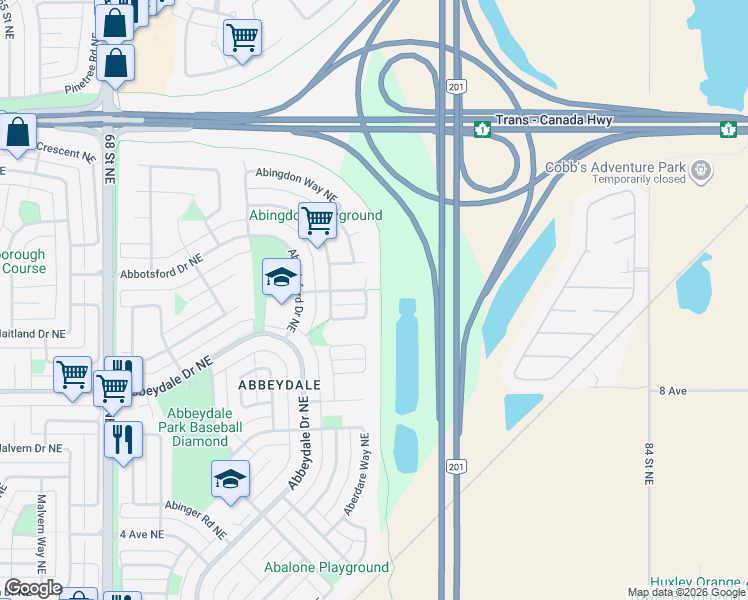 map of restaurants, bars, coffee shops, grocery stores, and more near 60 Abingdon Court Northeast in Calgary