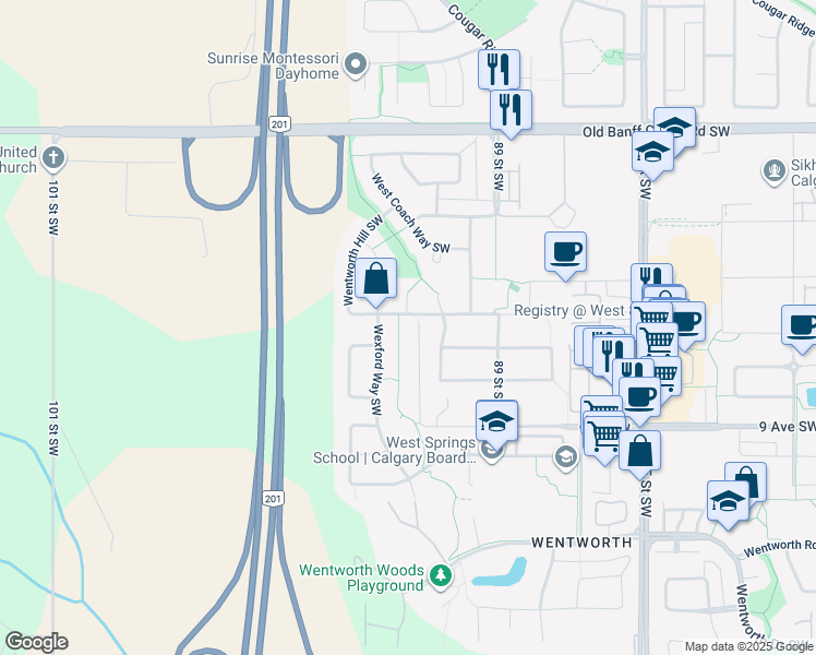 map of restaurants, bars, coffee shops, grocery stores, and more near 45 Wexford Gardens Southwest in Calgary